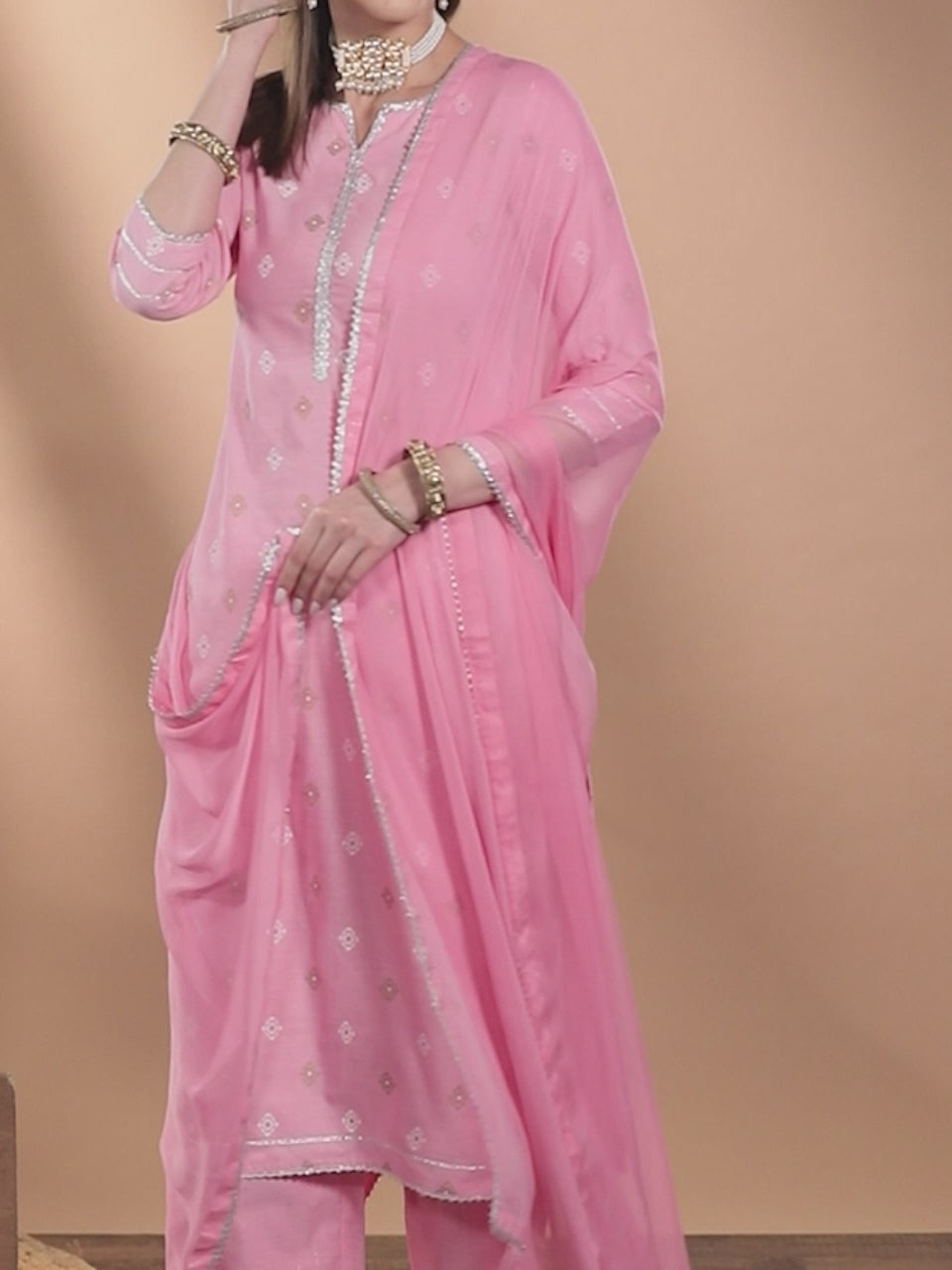 Pink Printed Cotton Straight Kurta With Palazzos & Dupatta