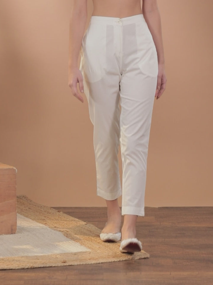 Cream Solid Cotton Trousers