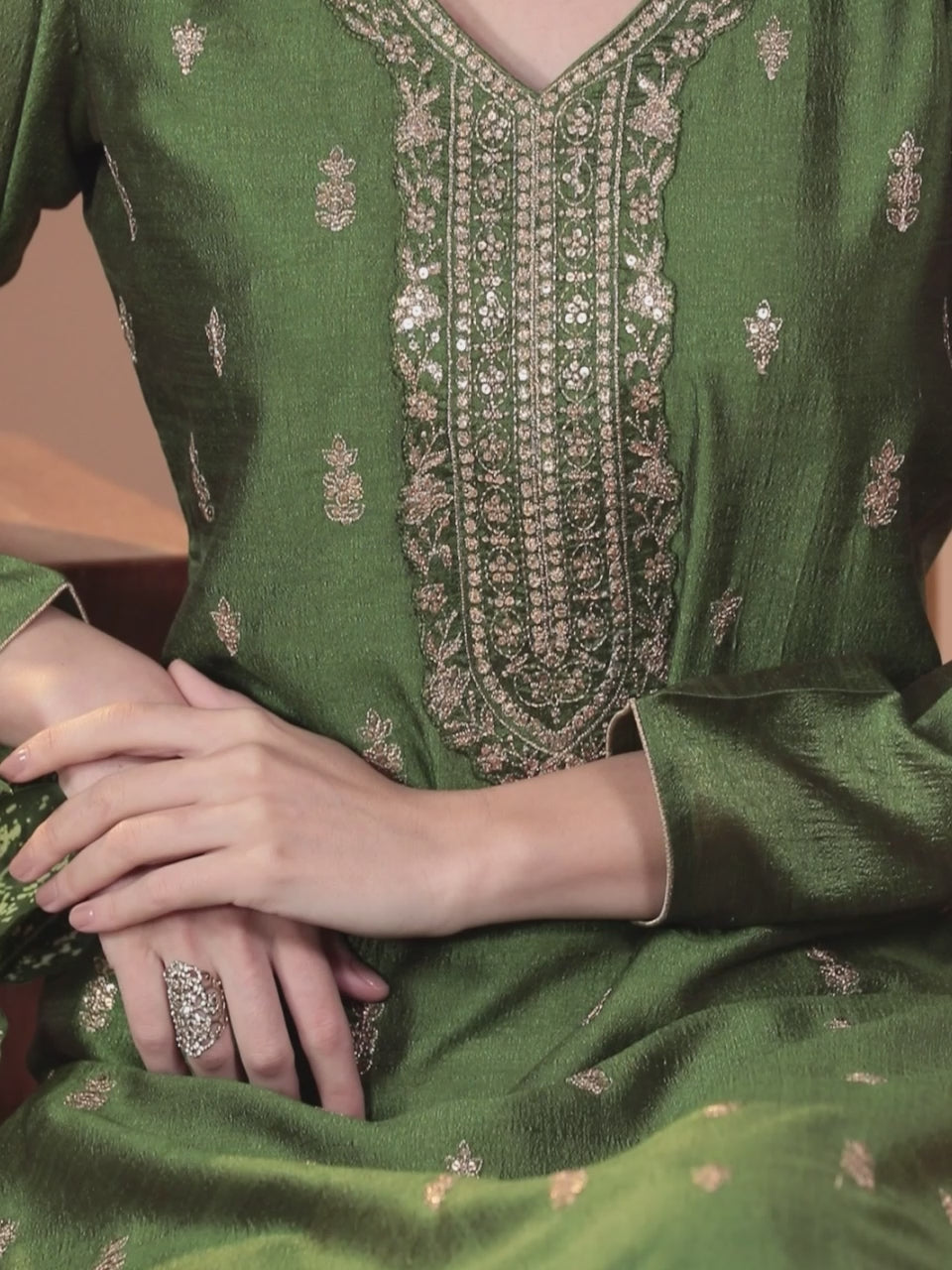  Green Embroidered Silk Straight Kurta 