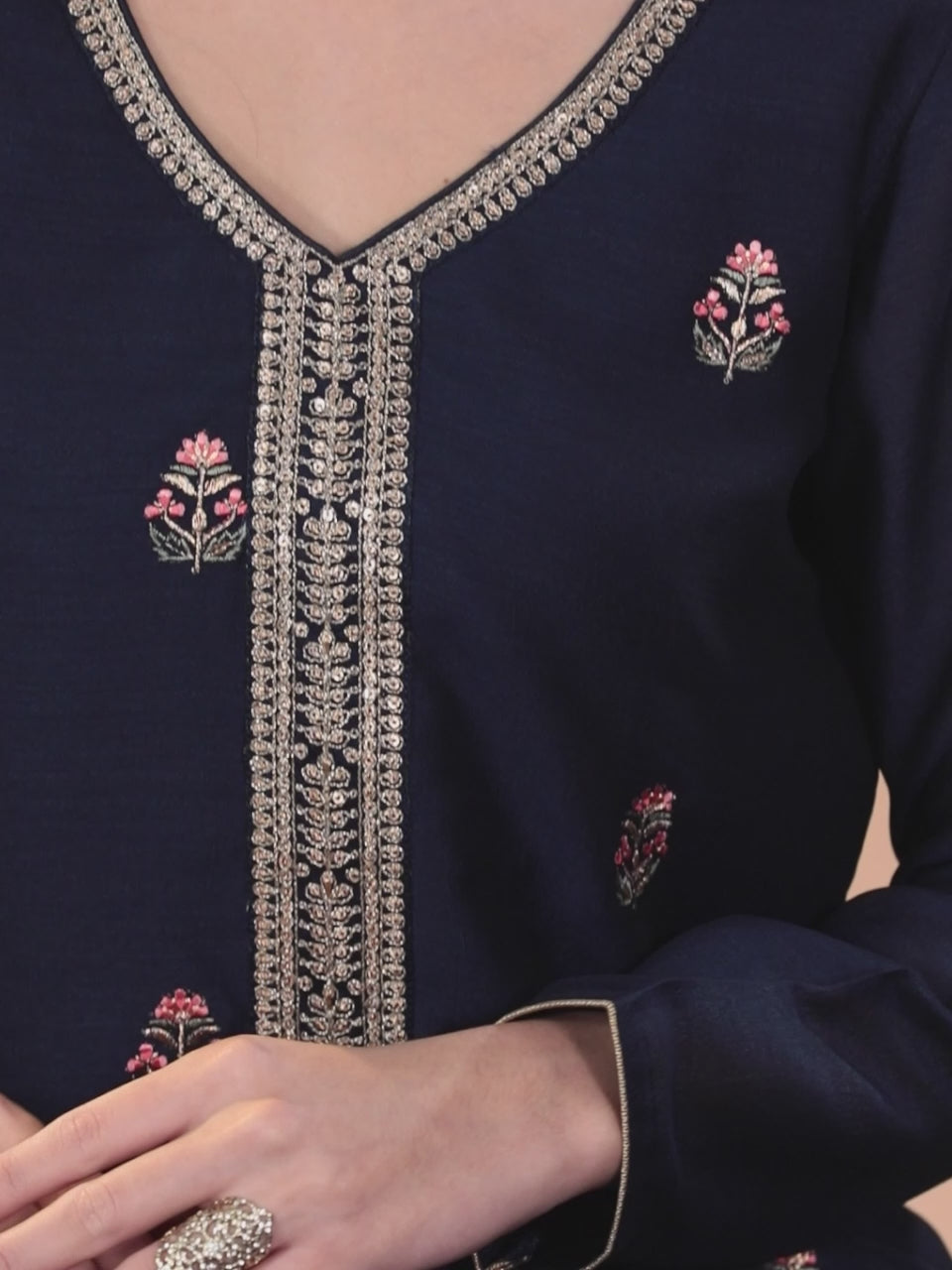  Navy Blue Embroidered Silk Straight Kurta 