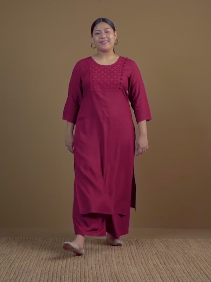 Plus Size Maroon Embroidered Rayon Kurta