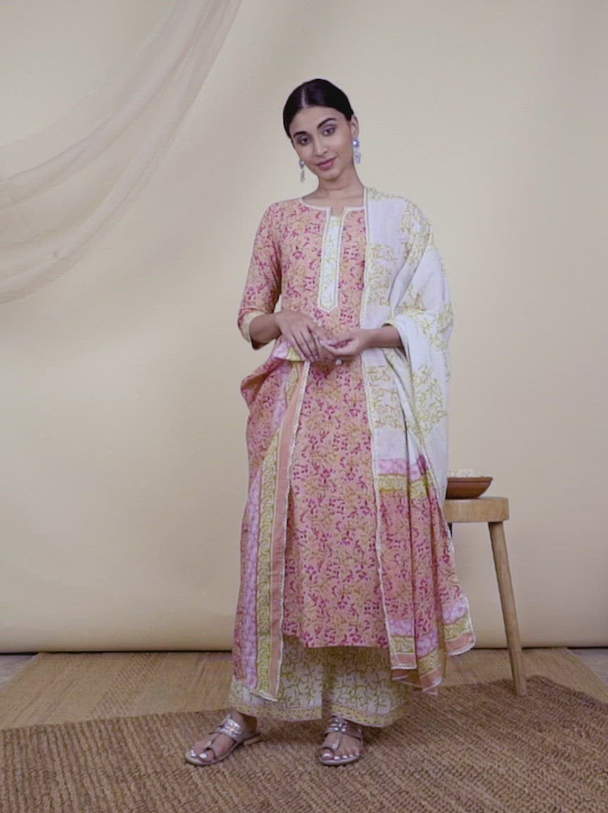 Pink Printed Cotton Straight Kurta With Palazzos & Dupatta