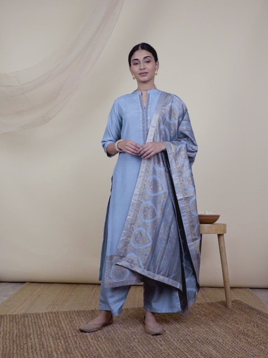 Blue Solid Silk Straight Kurta With Palazzos & Dupatta