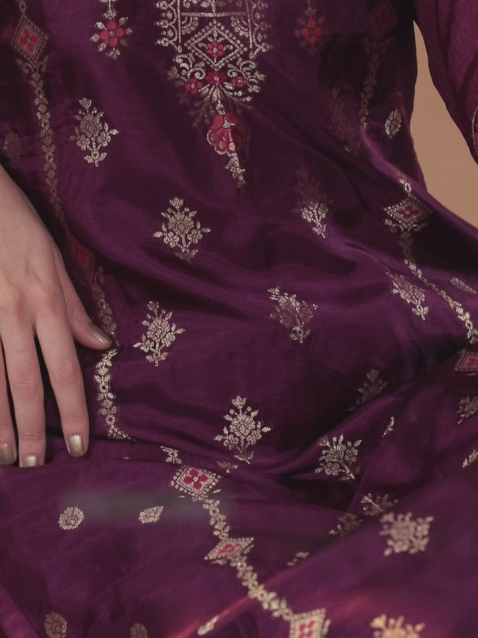 Purple Self Design Silk Straight Kurta With Dupatta