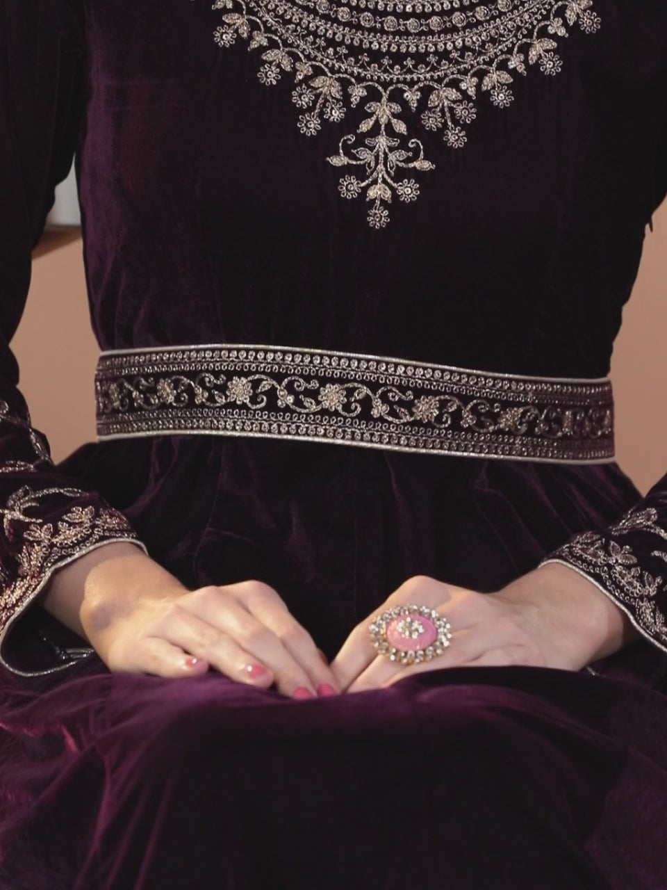  Purple Embroidered Velvet Anarkali Kurta With Trousers & Dupatta 