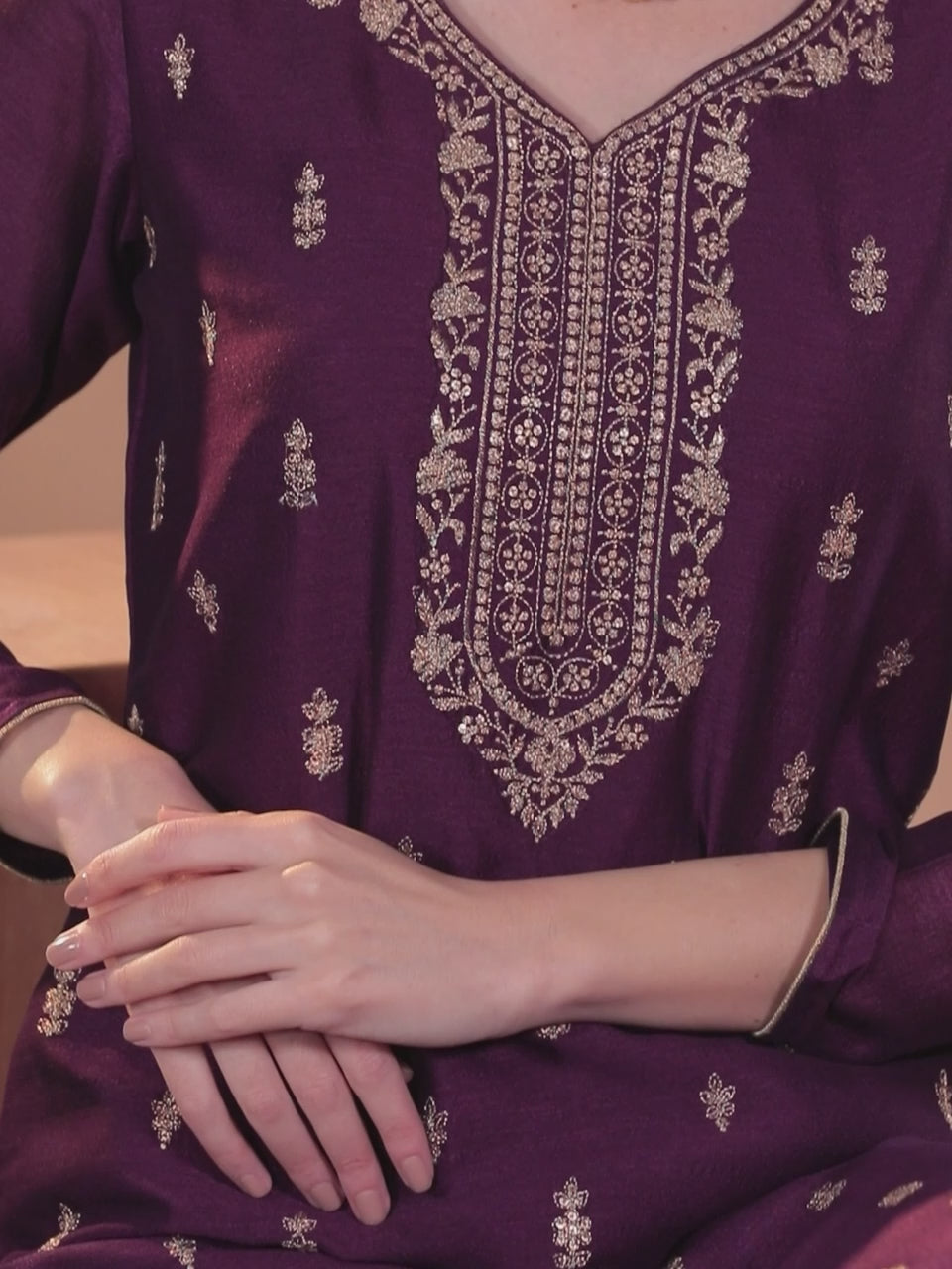  Purple Embroidered Silk Straight Kurta 
