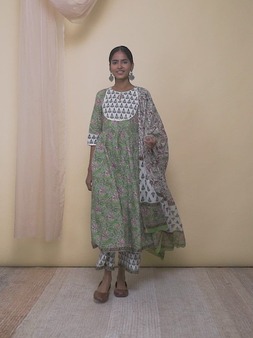  Green Printed Cotton Anarkali Kurta With Palazzos & Dupatta 