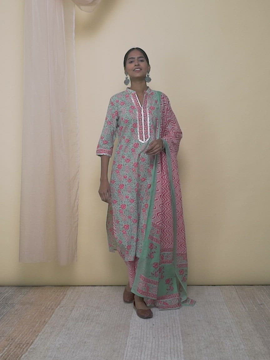 Green Printed Cotton Straight Kurta With Palazzos & Dupatta