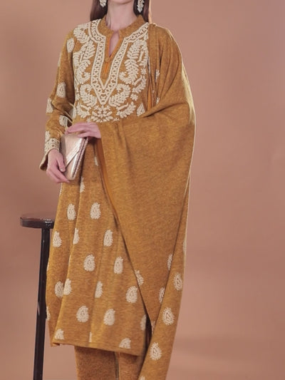 Mustard Printed Wool Straight Kurta With Trousers & Dupatta