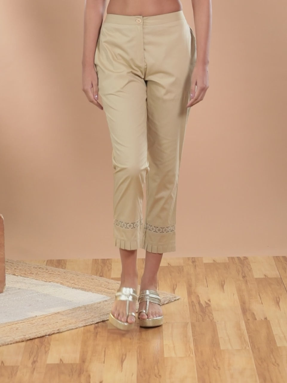  Beige Solid Cotton Trousers 