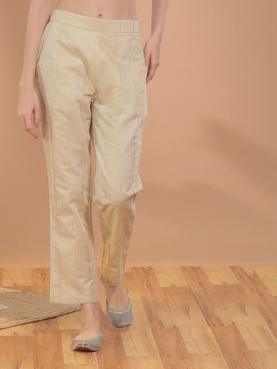 Beige Self Design Silk Trousers