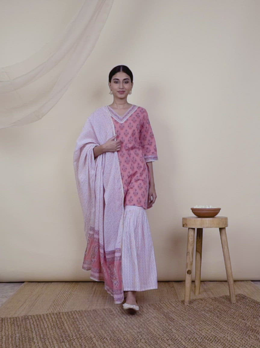  Pink Printed Cotton Straight Kurta With Sharara & Dupatta 