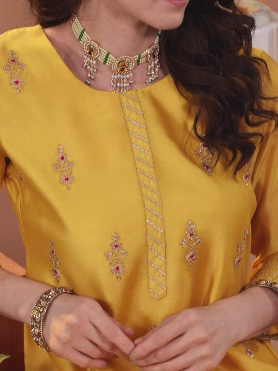  Yellow Embroidered Chanderi Silk Straight Kurta With Trousers & Dupatta 