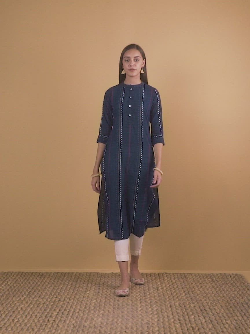 Navy Blue Striped Cotton Kurta