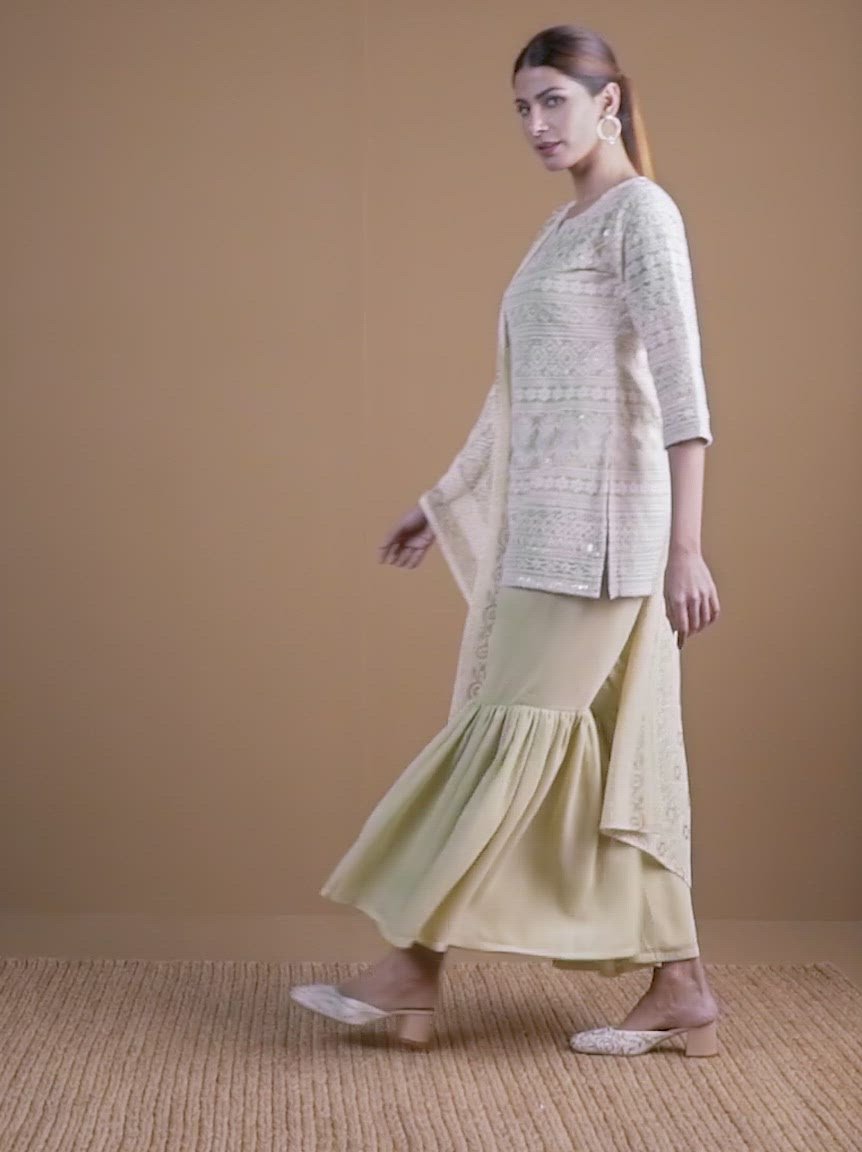  Green Embroidered Georgette Straight Kurta With Sharara & Dupatta 