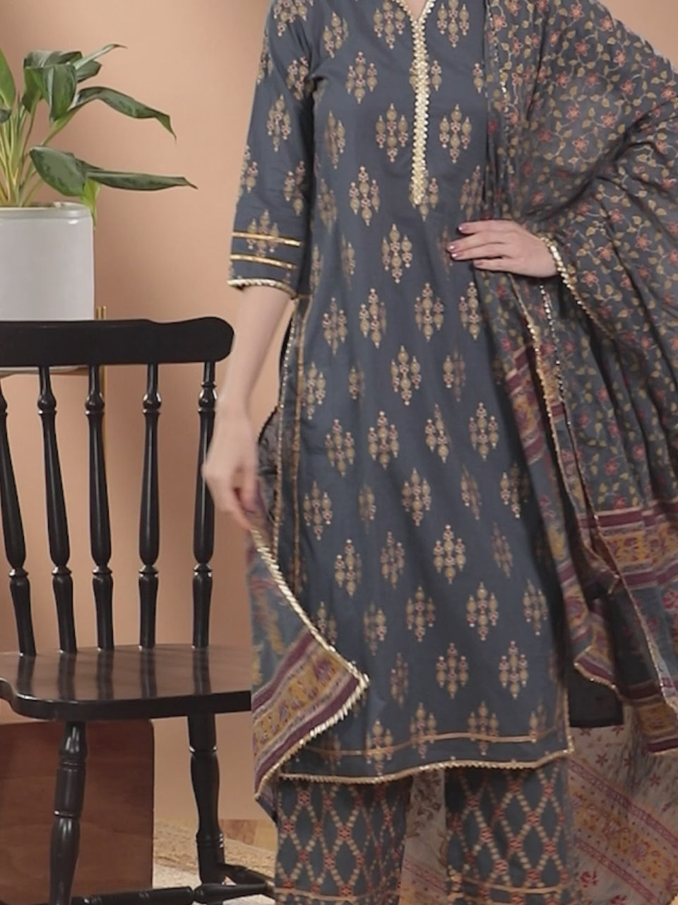  Grey Printed Cotton Straight Kurta With Palazzos & Dupatta 