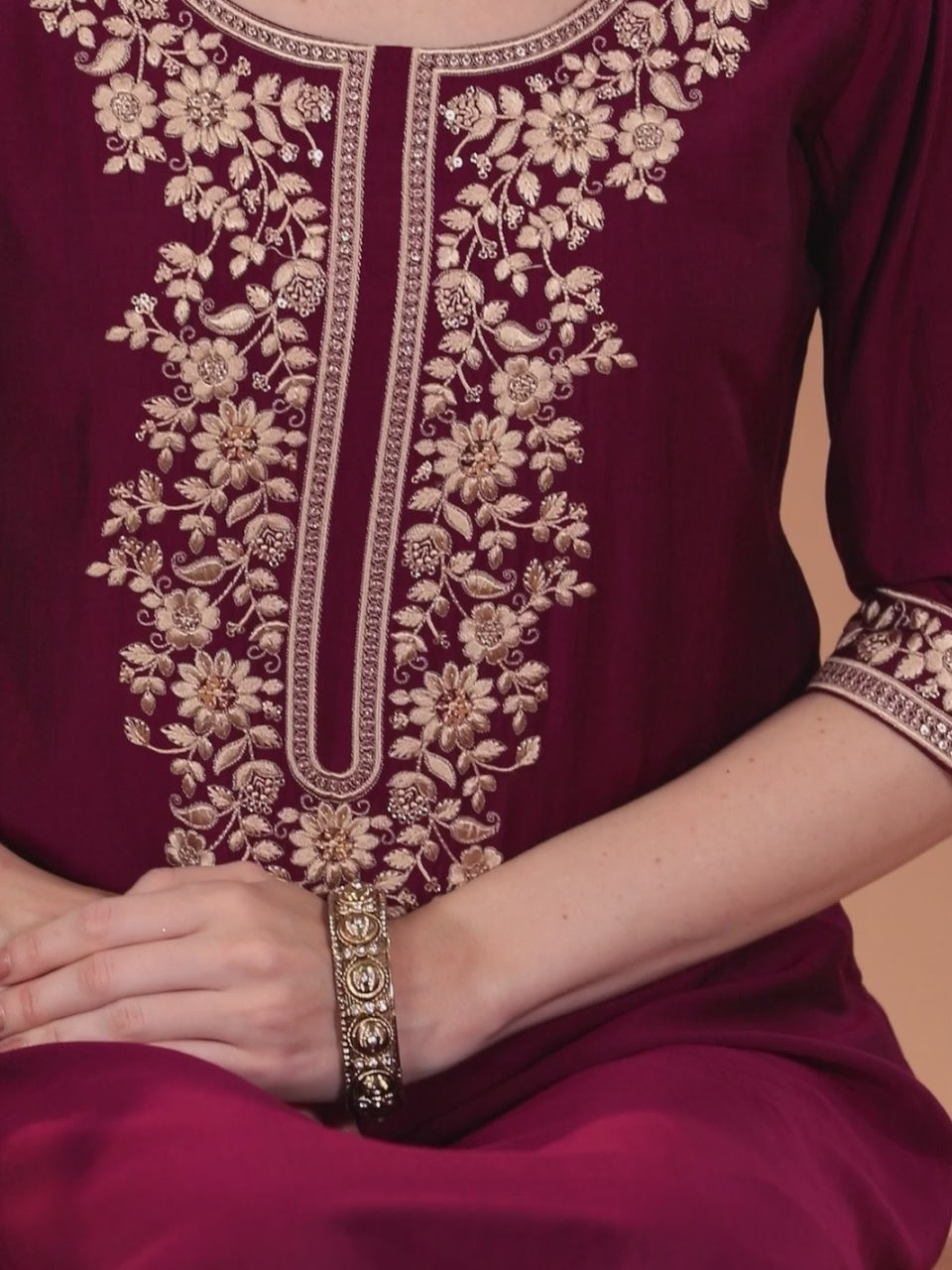  Burgundy Yoke Design Silk Blend Straight Kurta With Dupatta 