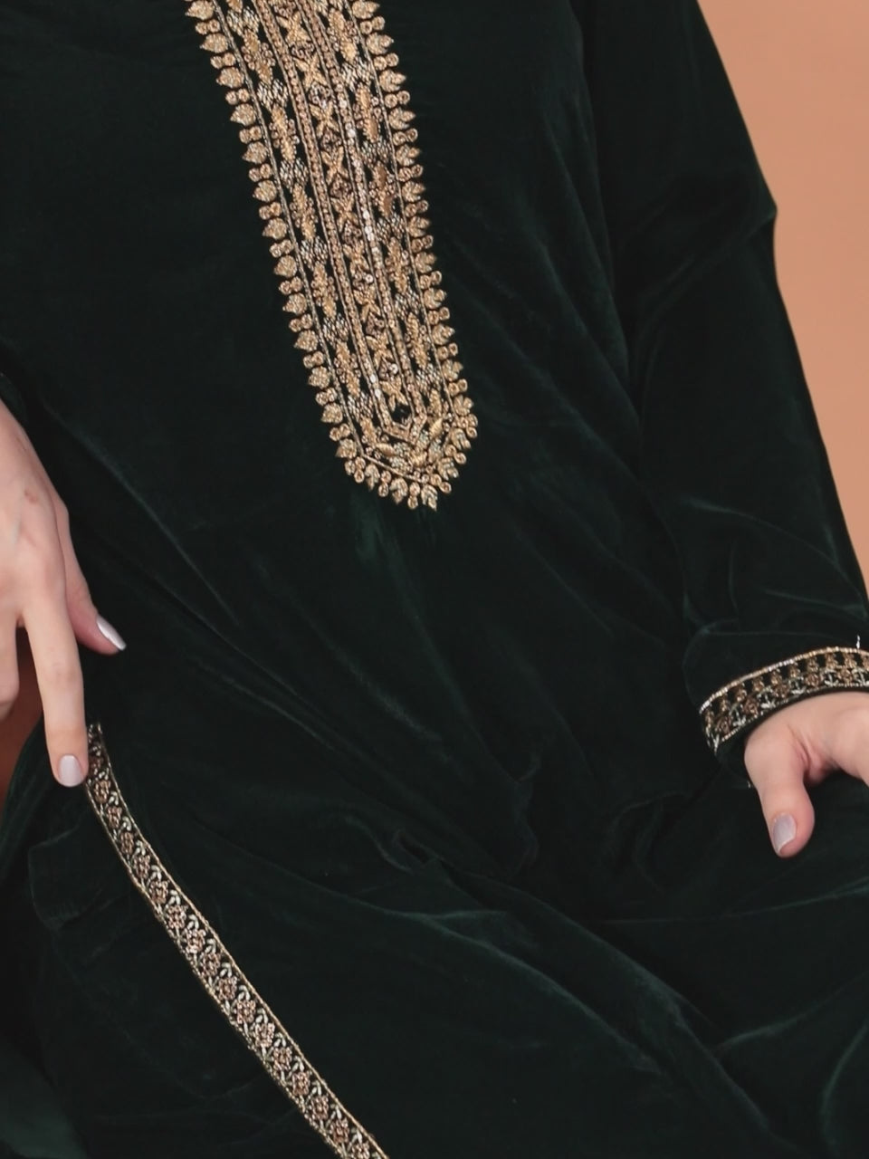  Green Embroidered Velvet Straight Kurta With Trousers & Dupatta 