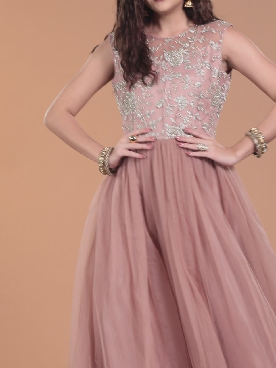  Mauve Embroidered Nylon Gown Dress 