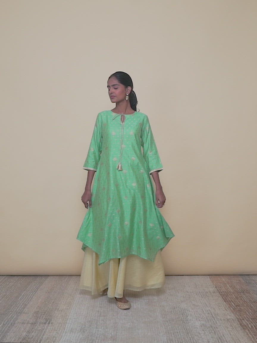  Green Self Design Silk A-Line Kurta With Skirt 