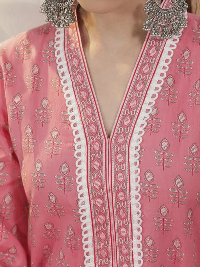 Pink Printed Cotton Straight Kurta With Palazzos & Dupatta