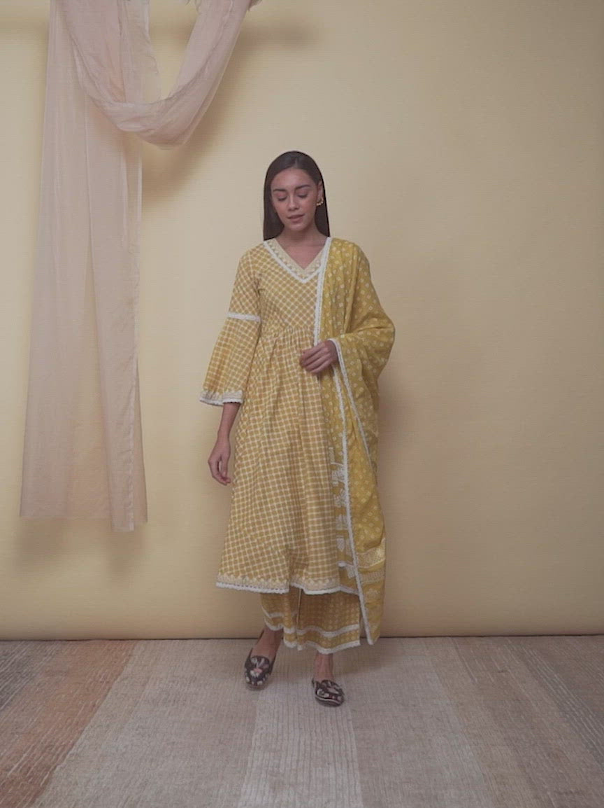 Yellow Printed Cotton Anarkali Kurta With Palazzos & Dupatta