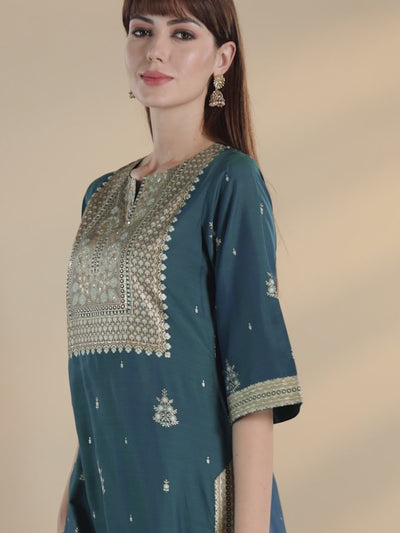 Teal Yoke Design Chanderi Silk Kurta