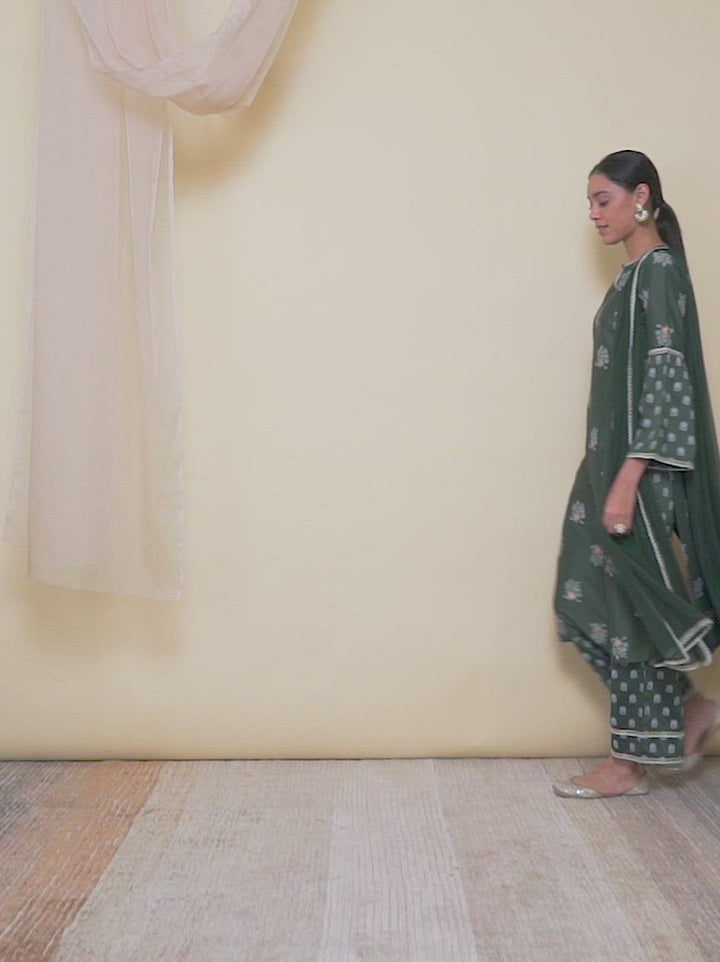 Green Printed Silk Straight Kurta With Palazzos & Dupatta