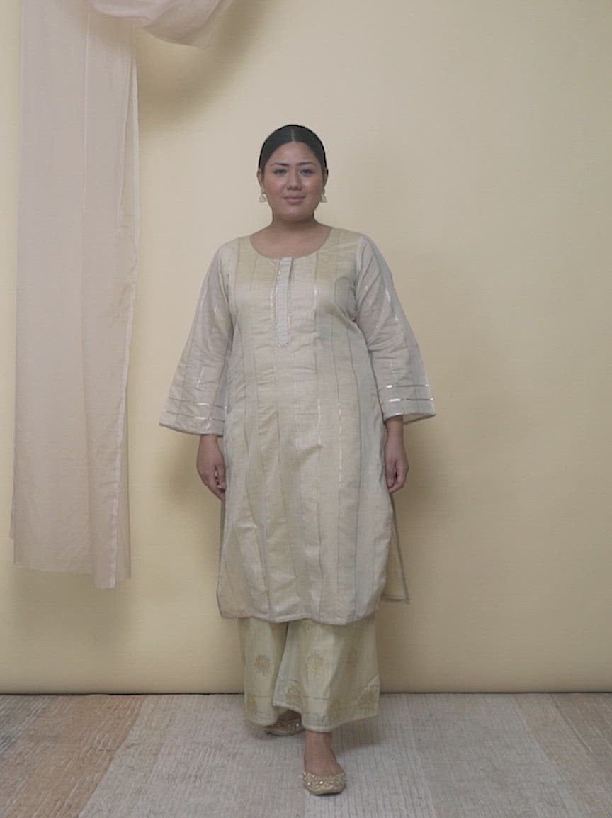 Plus Size Beige Self Design Silk Straight Kurta With Palazzos