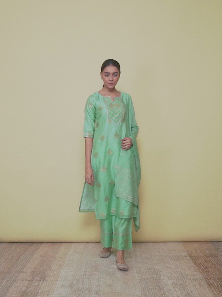 Green Self Design Silk Straight Kurta With Palazzos & Dupatta