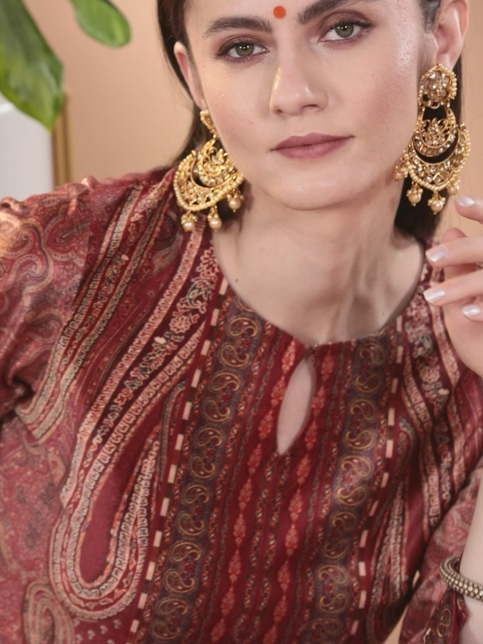  Rust Printed Velvet Straight Kurta 