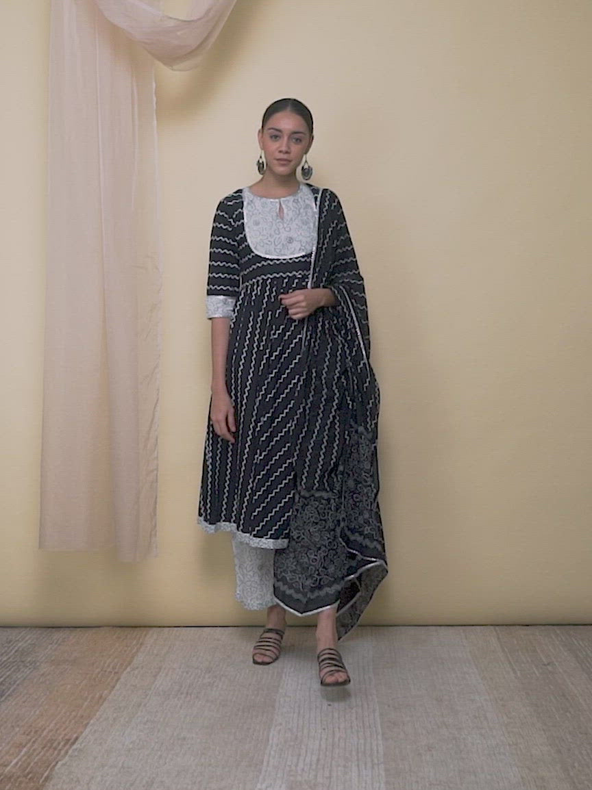  Black Striped Cotton Anarkali Kurta With Palazzos & Dupatta 