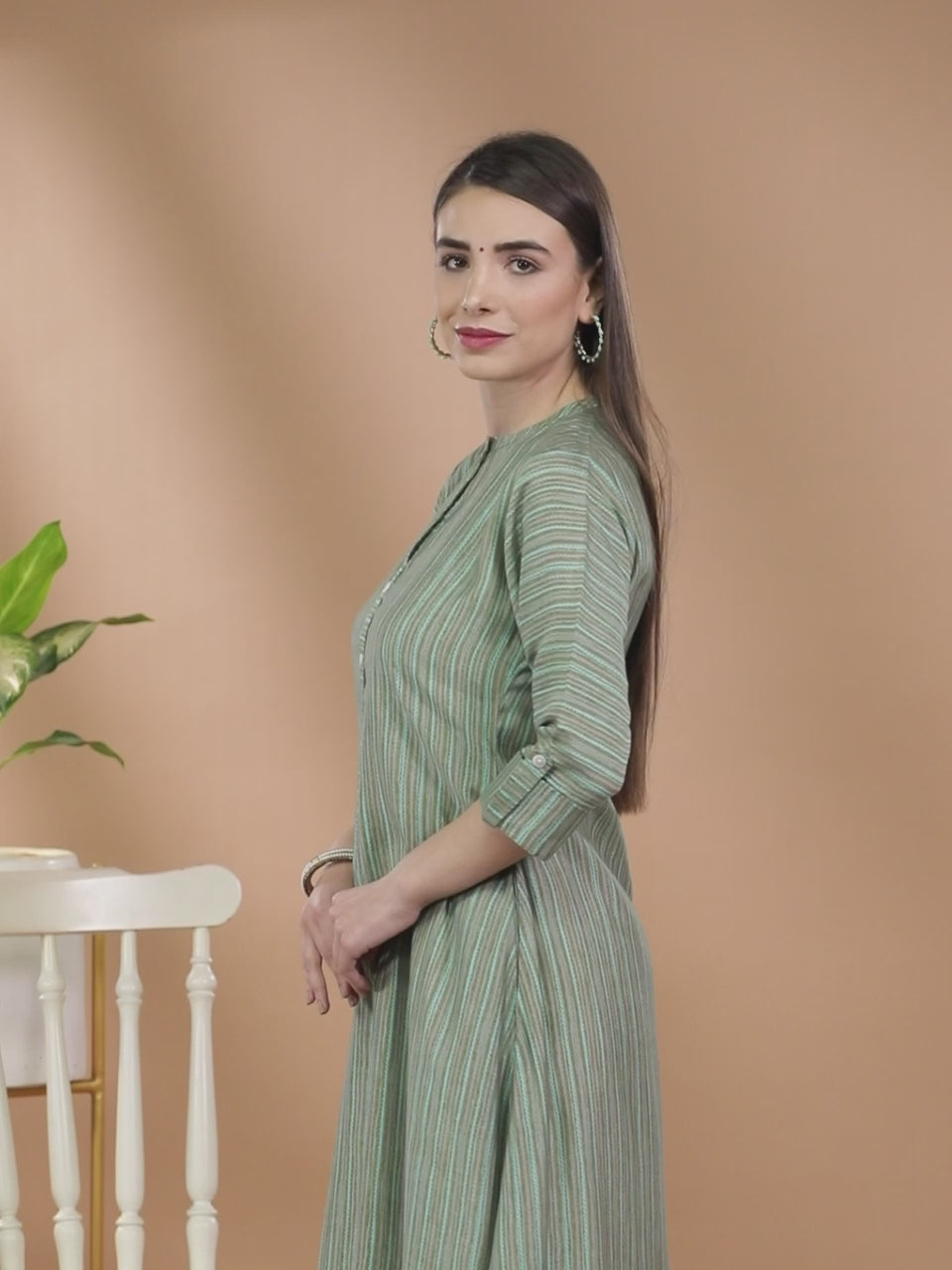  Green Striped Chanderi Silk Kurta 