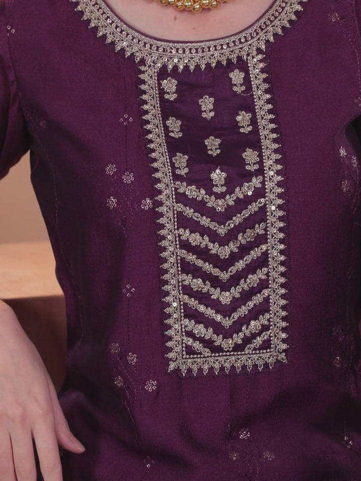 Purple Embroidered Silk Straight Kurta
