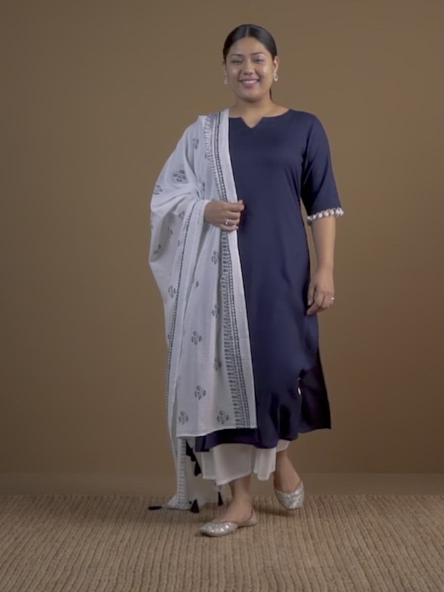 Plus Size Navy Blue Solid Rayon Straight Kurta With Palazzos & Dupatta