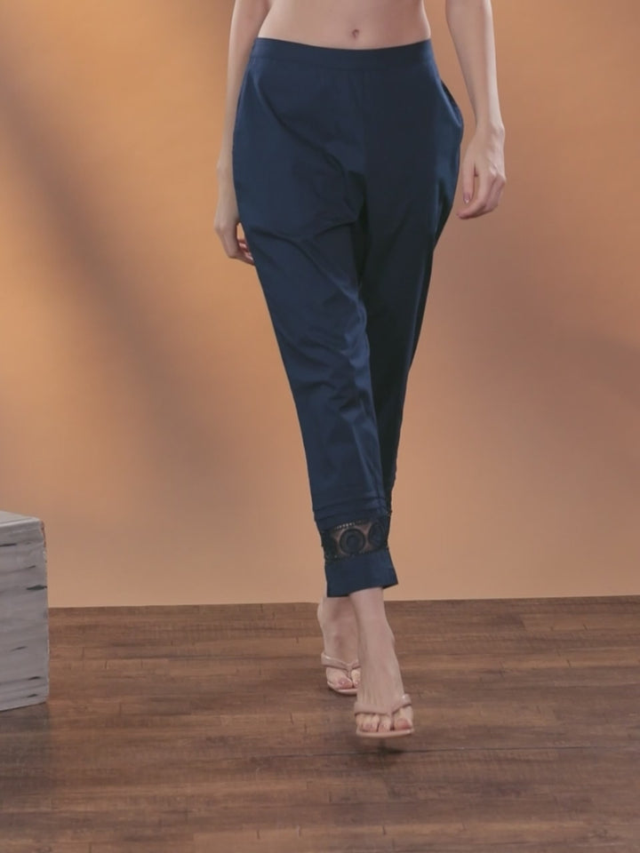 Blue Solid Cotton Trousers