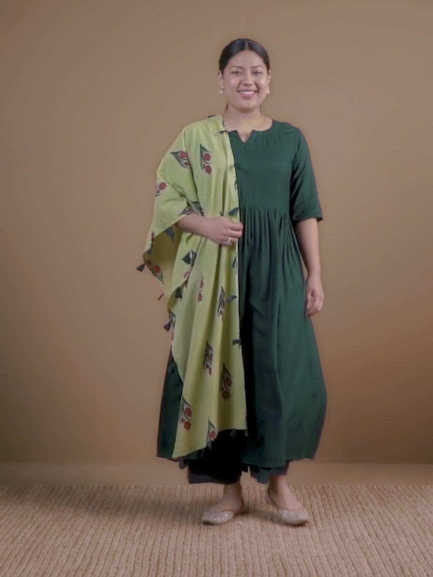 Plus Size Green Solid Rayon Anarkali Kurta With Palazzos & Stole