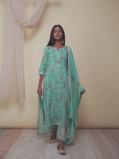 Green Printed Cotton Straight Kurta With Palazzos & Dupatta