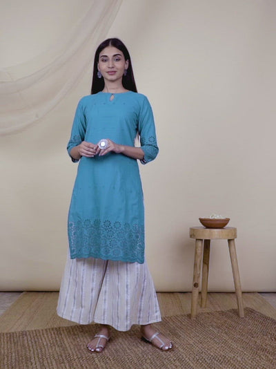 Teal Blue Embroidered Cotton Kurta