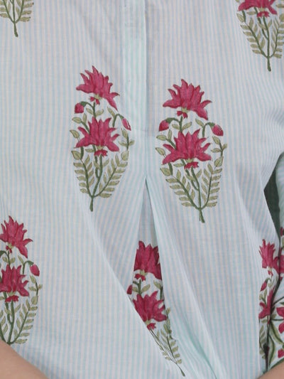 Blue Printed Cotton A-Line Kurta With Trousers