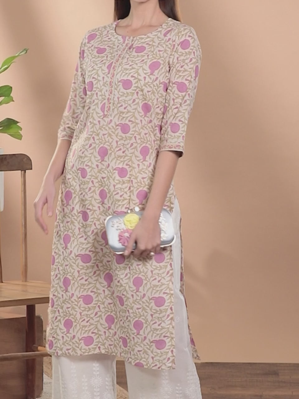 Beige Printed Cotton Kurta