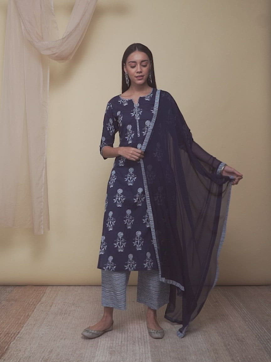 Indigo Printed Cotton Straight Kurta With Palazzos & Dupatta