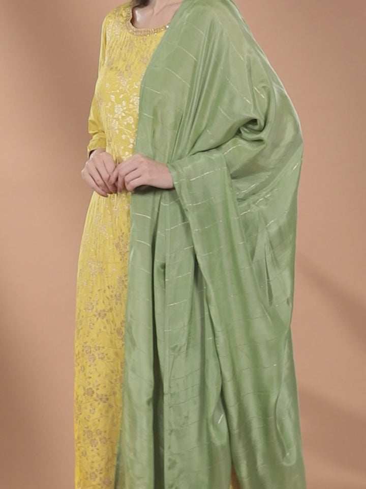 Yellow Woven Design Silk Blend Straight Kurta With Palazzos & Dupatta