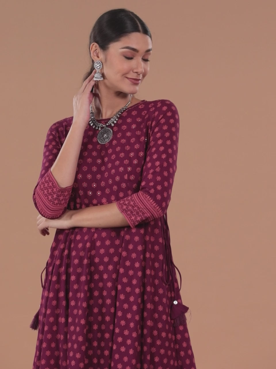 Maroon Printed Rayon A-Line Dress 
