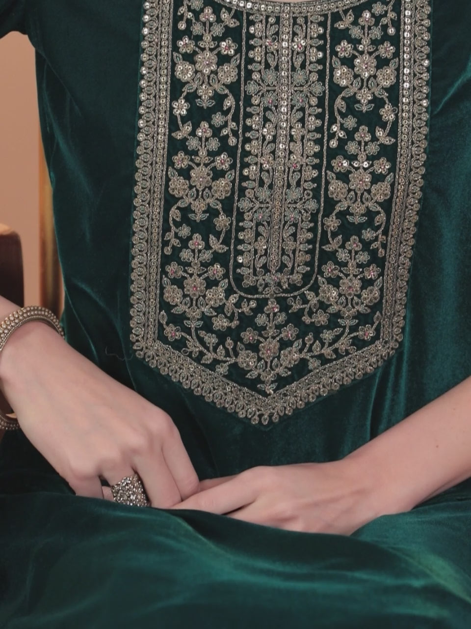  Teal Yoke Design Velvet Straight Kurta With Dhoti Pant & Dupatta 