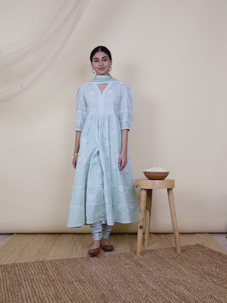  Green Printed Cotton Anarkali Kurta With Dupatta 