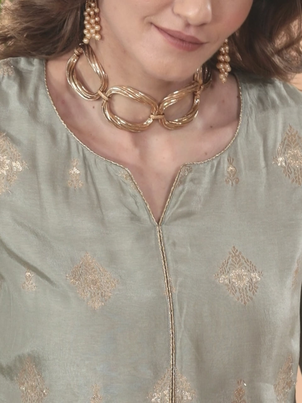  Grey Self Design Chanderi Silk Straight Kurta With Palazzos & Dupatta 