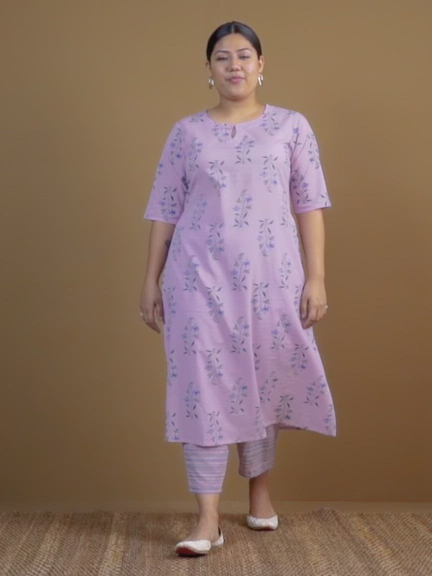  Plus Size Purple Printed Cotton A-Line Kurta With Trousers 