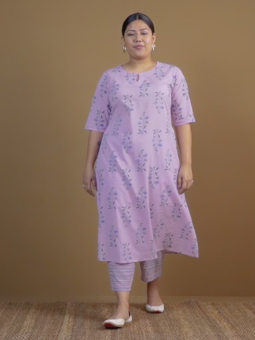 Plus Size Purple Printed Cotton A-Line Kurta With Trousers