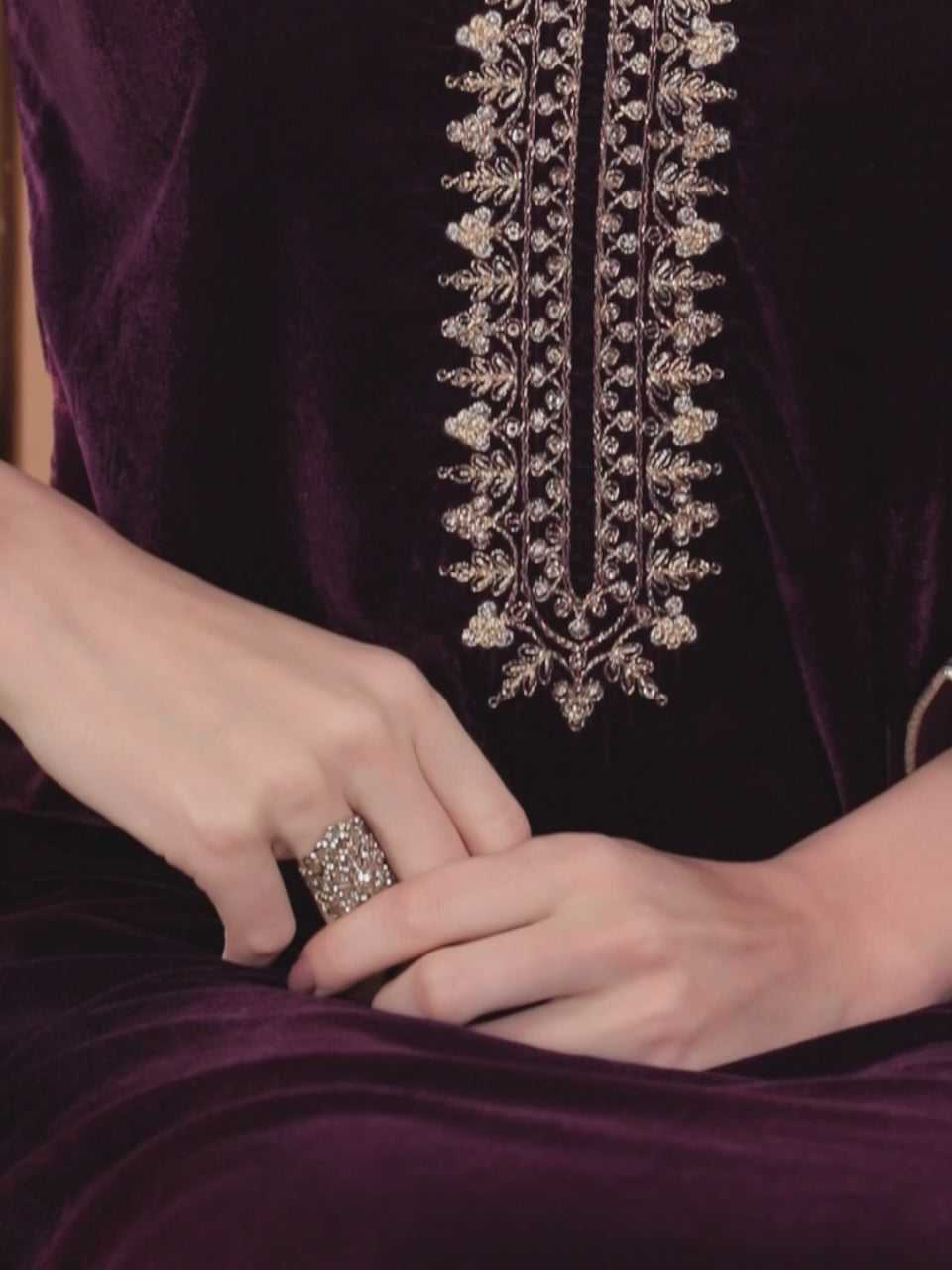  Purple Embroidered Velvet A-Line Kurta With Trousers & Dupatta 